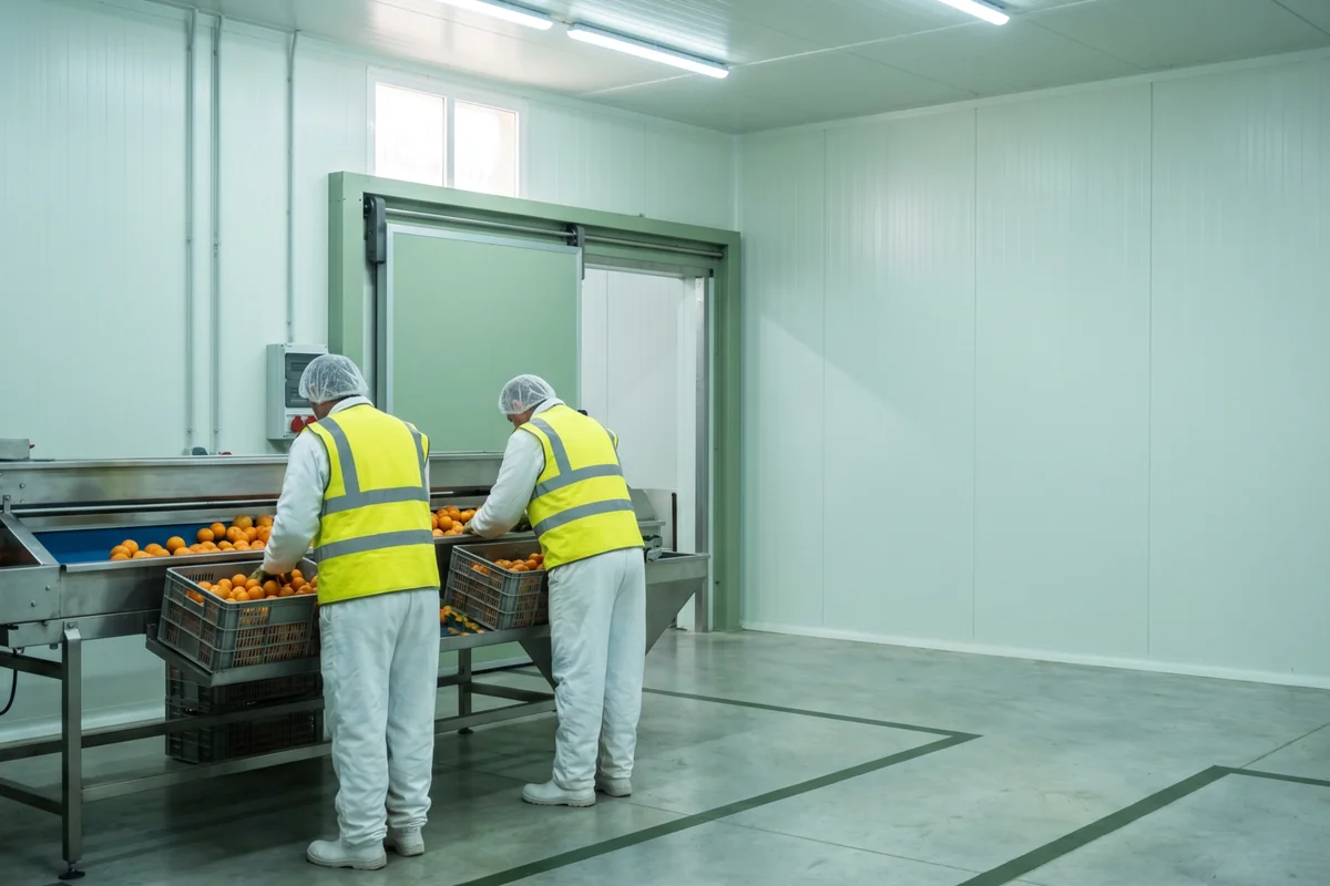 Pack-house cold room — anonymous workers sorting Egyptian export oranges at +4 °C