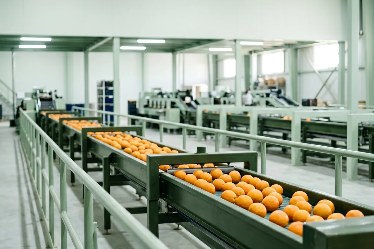 Pack-house grading line — Egyptian oranges moving on conveyor